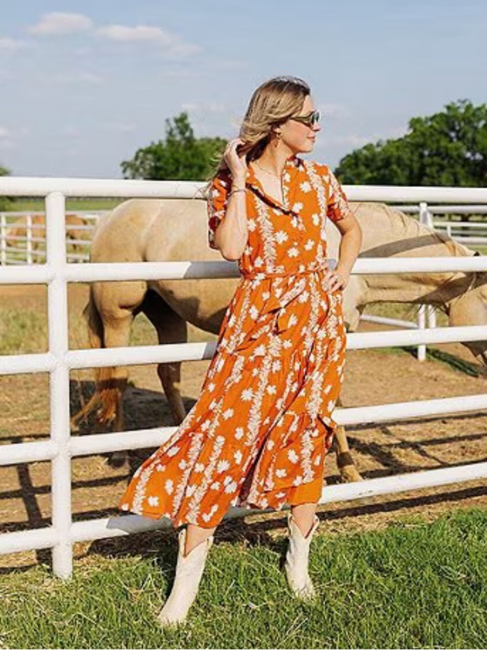 J. Marie Aubrey Burnt Orange Floral Button Up Belted Cotton Midi Dress NWT $180